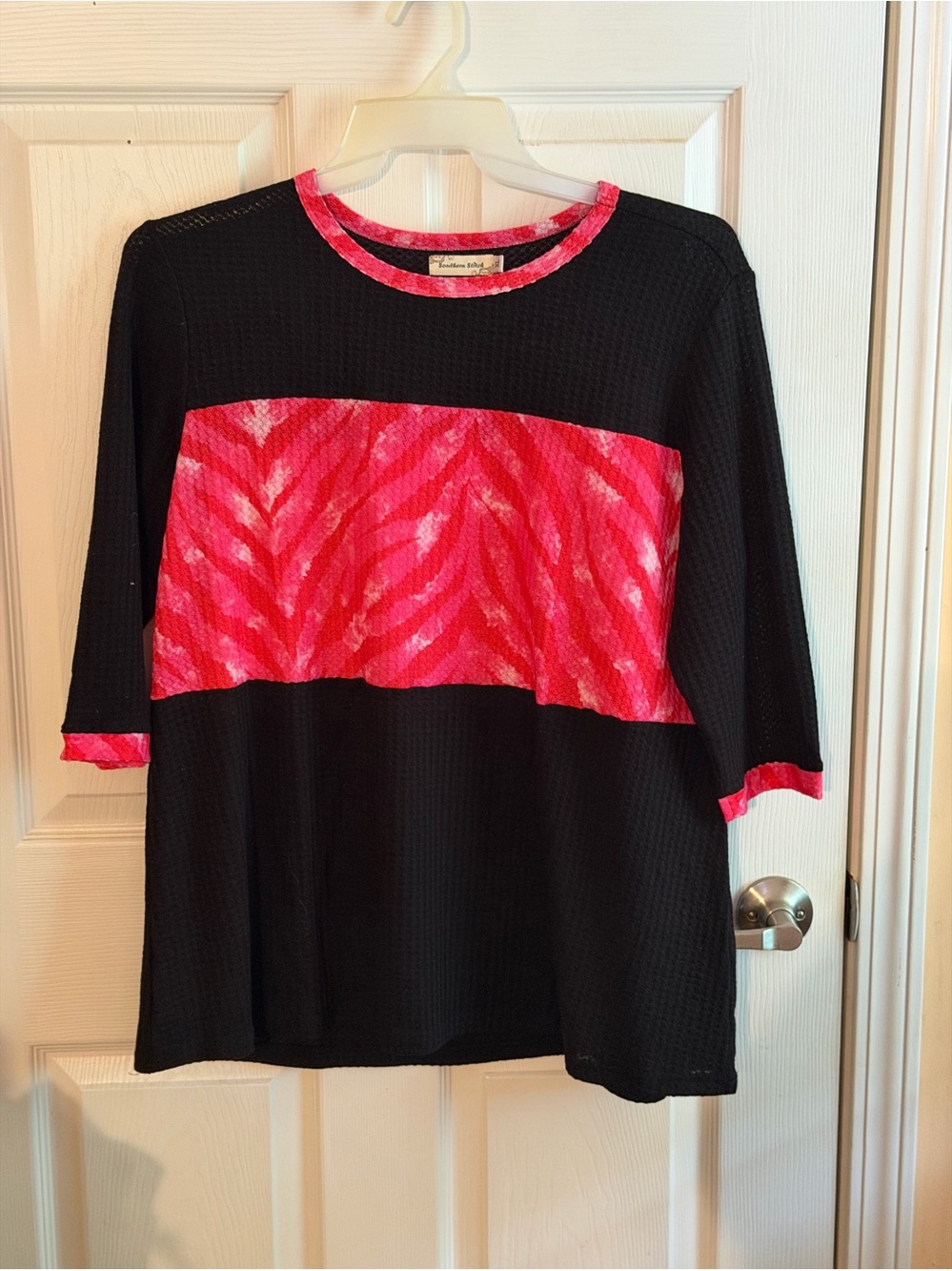 Black Short Sleeve Top with Bright Pink Panel